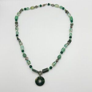Green Beaded Necklace Of Stone, Glass And Metal Beads 21”